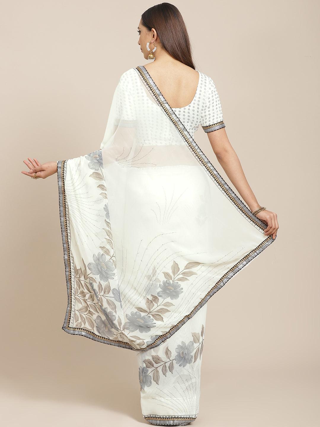 Cream Printed Chiffon Saree - ShopLibas