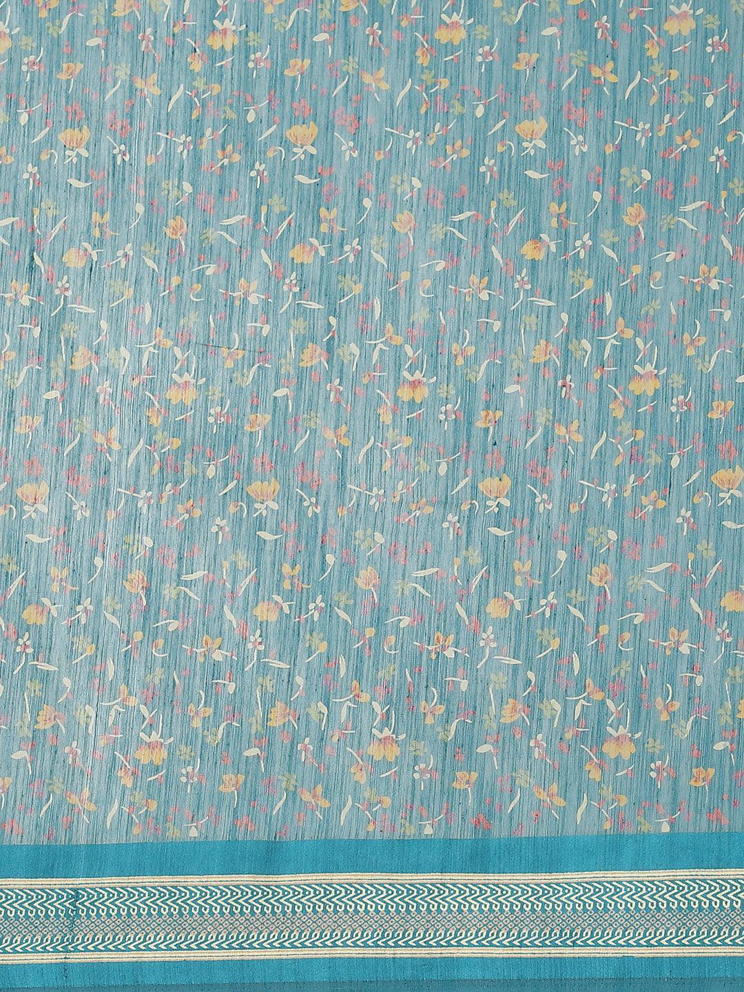 Blue Printed Cotton Saree - ShopLibas