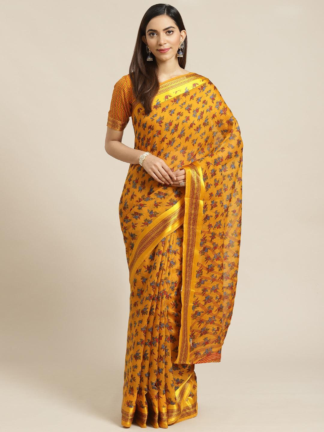 Mustard Printed Cotton Saree - ShopLibas