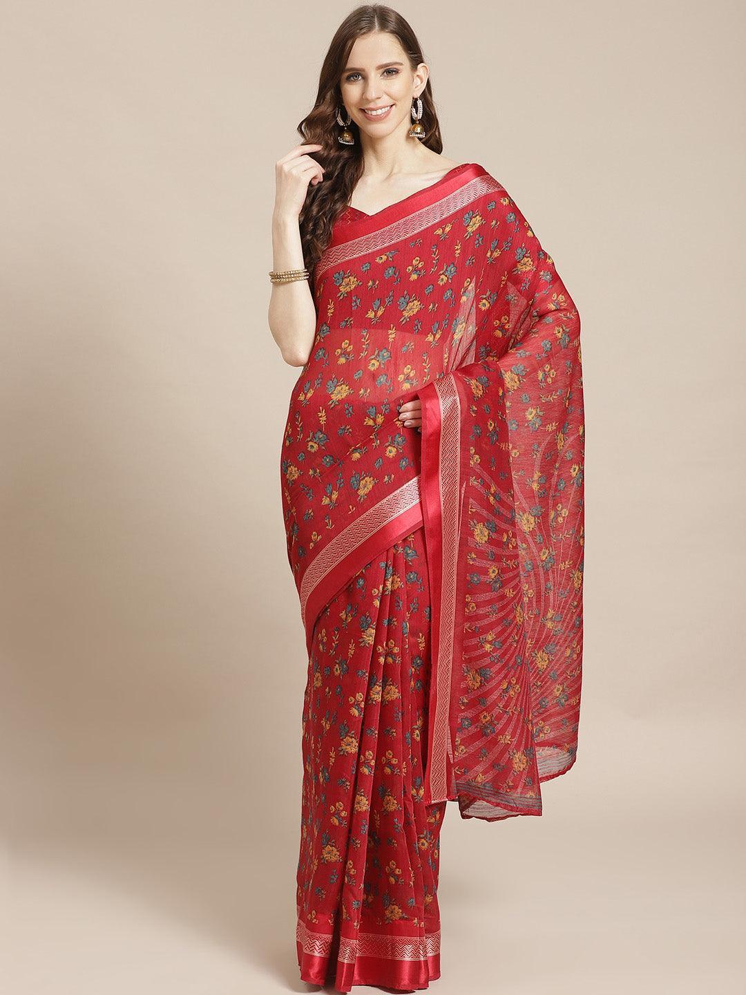 Red Printed Cotton Saree - ShopLibas