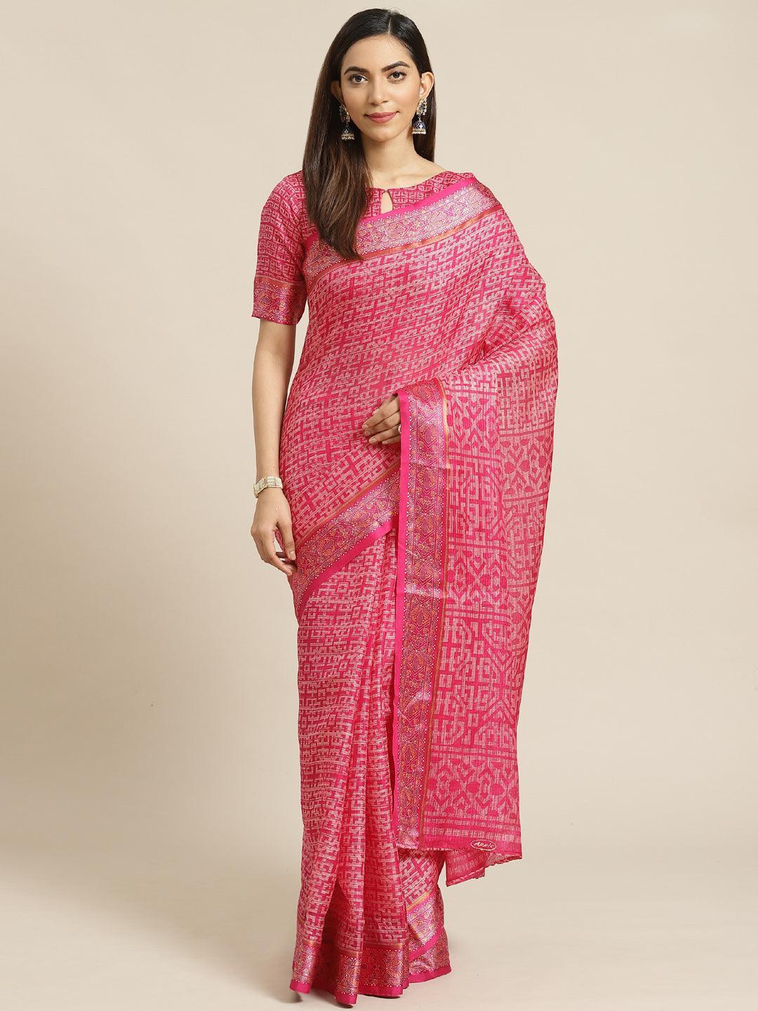 Pink Printed Linen Saree - ShopLibas