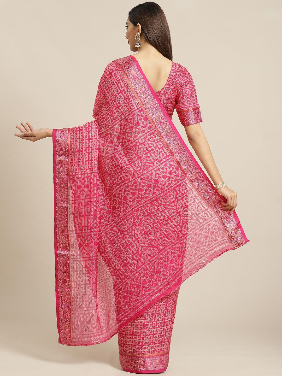 Pink Printed Linen Saree - ShopLibas