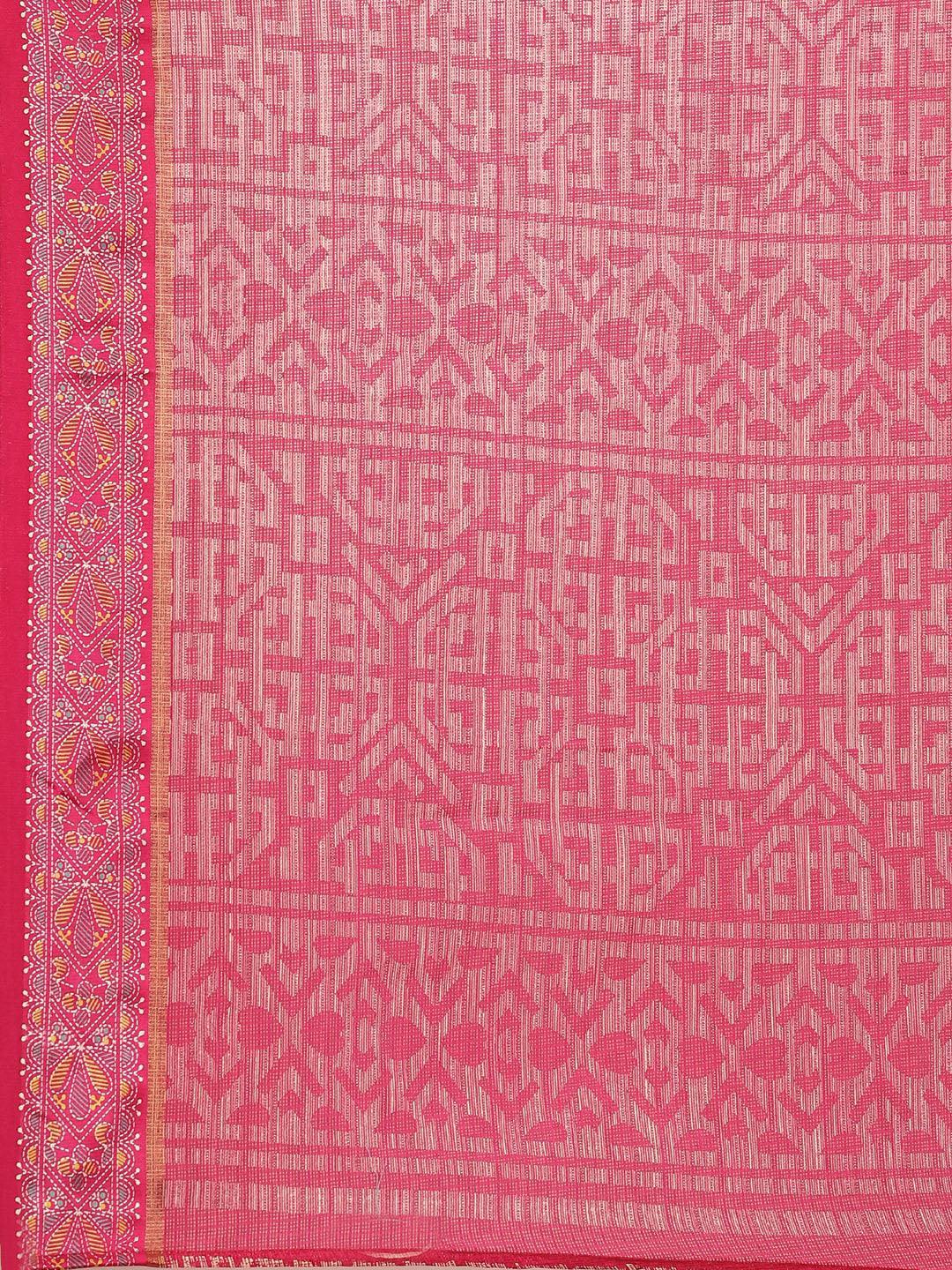 Pink Printed Linen Saree - ShopLibas