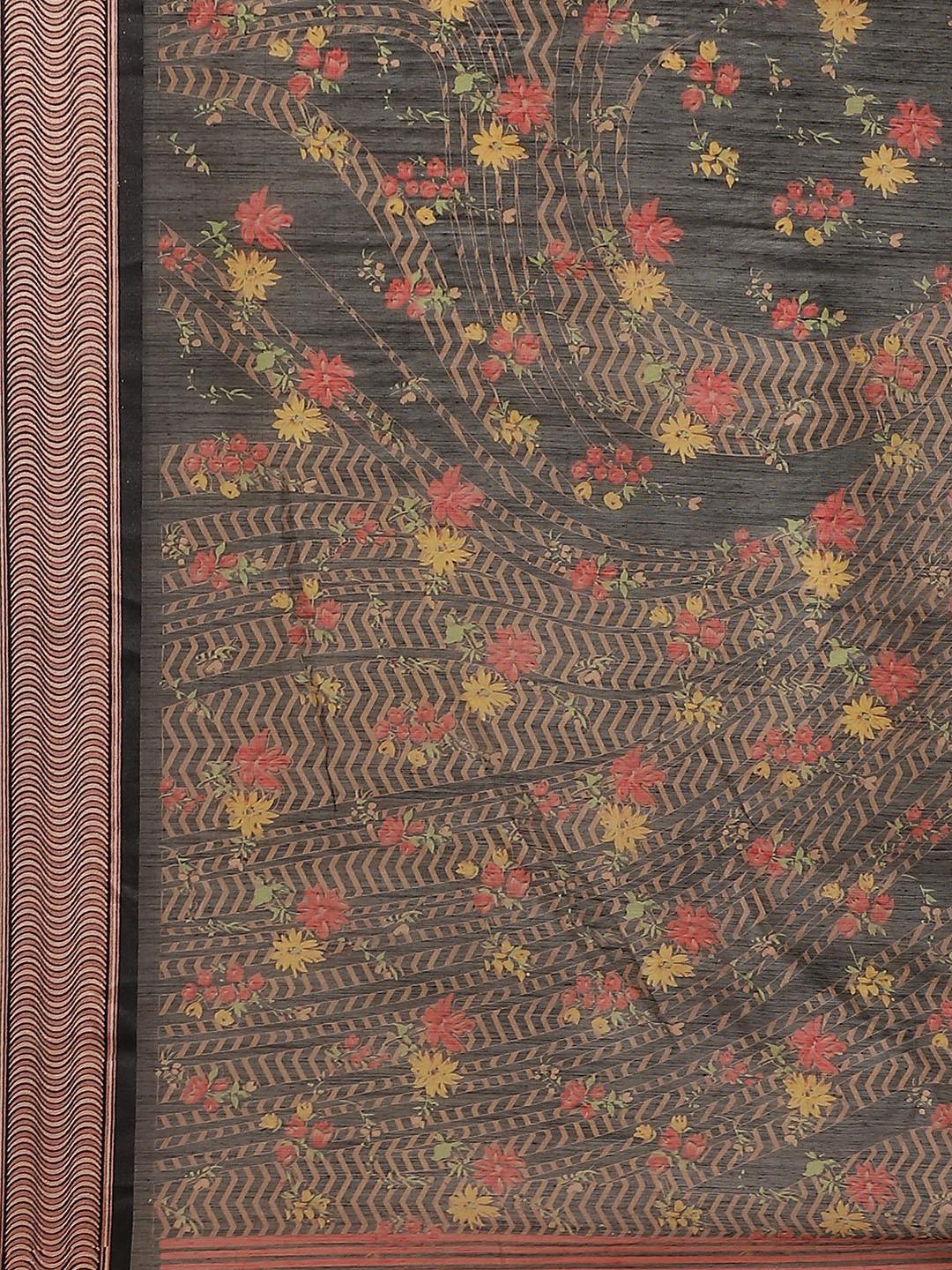 Black Printed Cotton Saree - ShopLibas