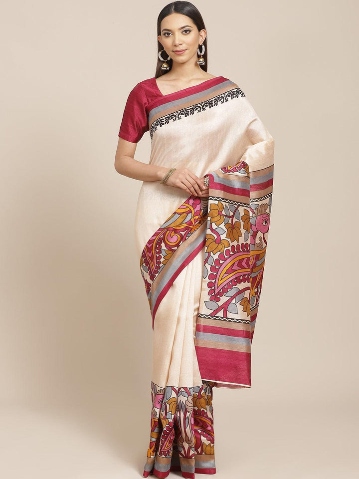 Beige Printed Silk Blend Saree