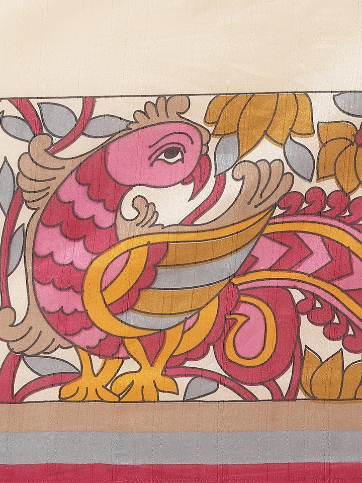 Beige Printed Silk Blend Saree