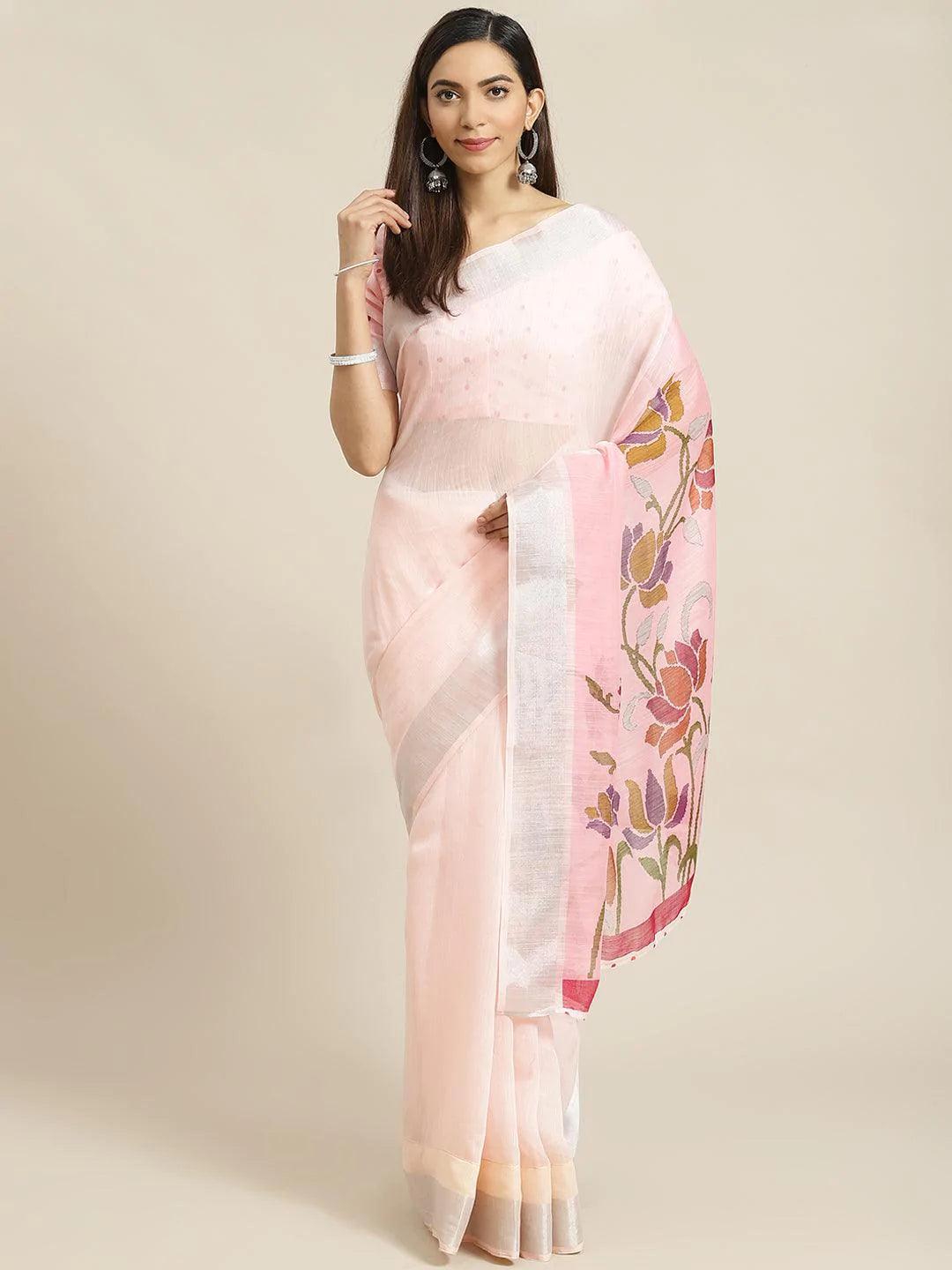 Pink Solid Cotton Saree - ShopLibas