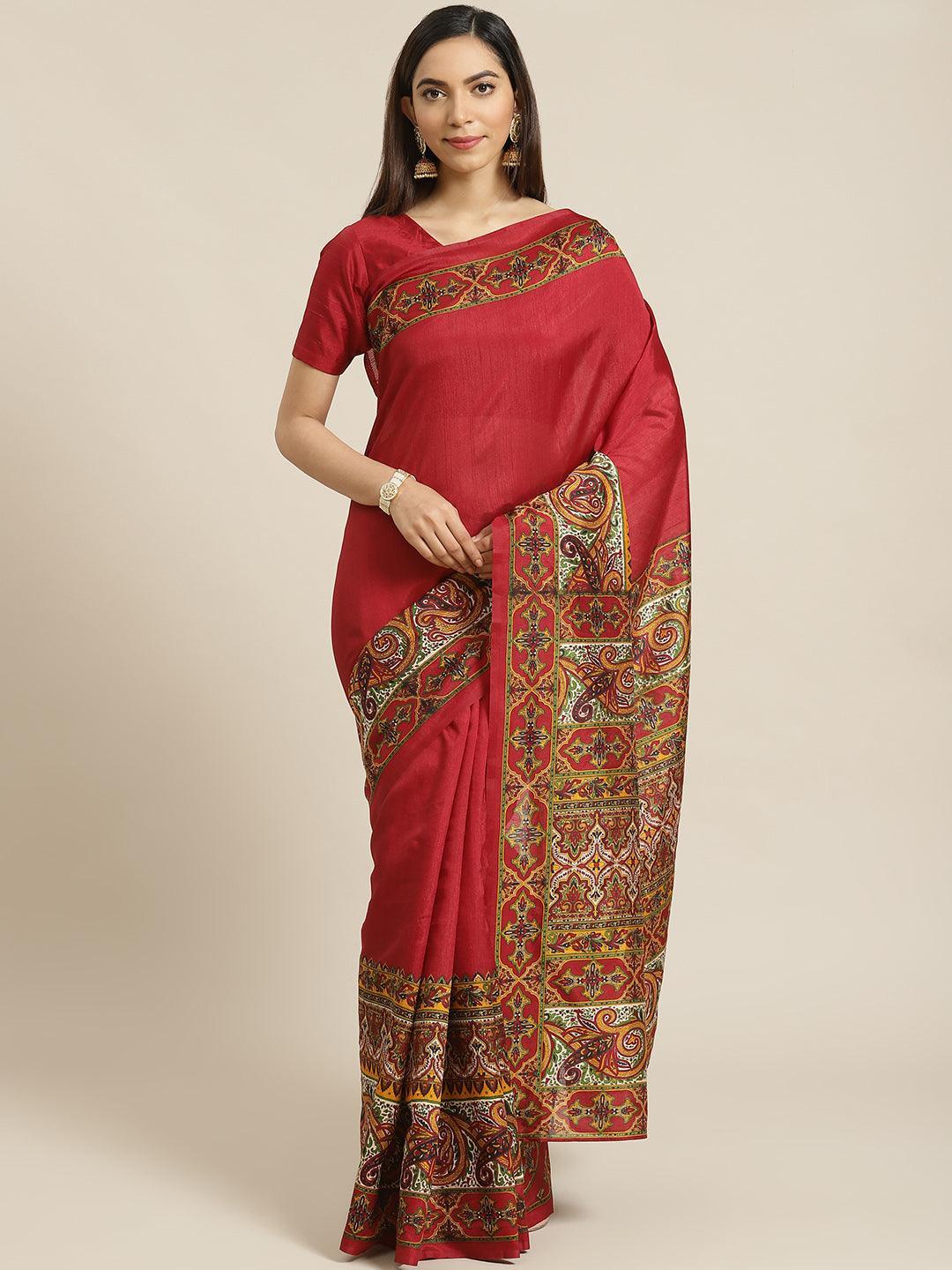 Maroon Printed Cotton Saree - ShopLibas