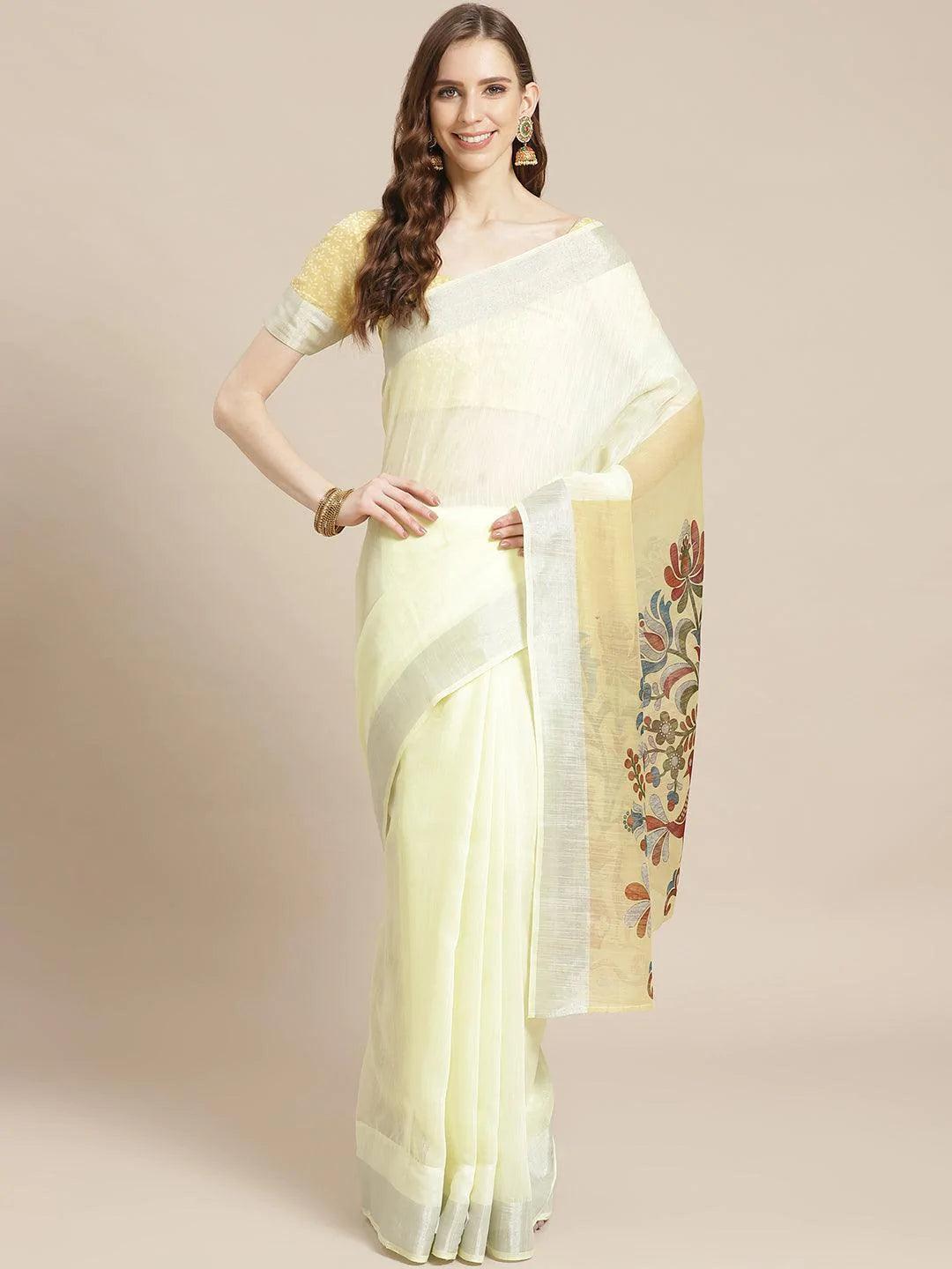 Yellow Striped Linen Saree - ShopLibas