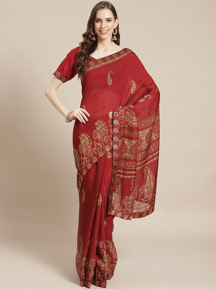 Maroon Printed Chiffon Saree