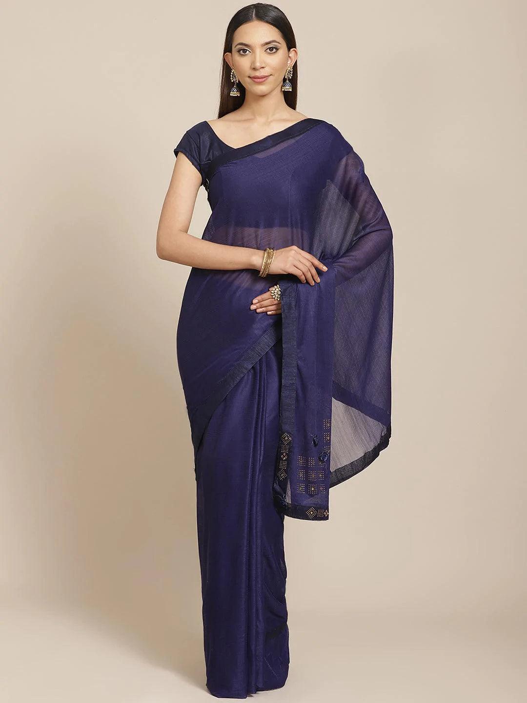 Navy Blue Solid Chiffon Saree - ShopLibas