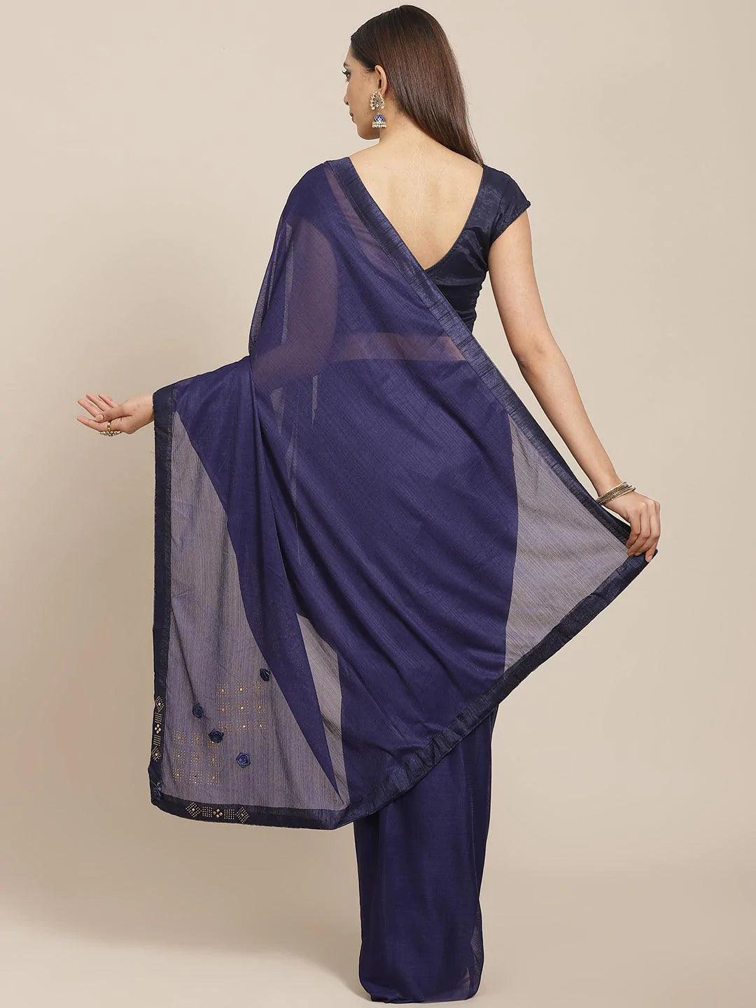 Navy Blue Solid Chiffon Saree - ShopLibas