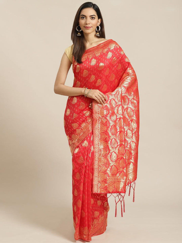 Red Woven Design Brocade Saree