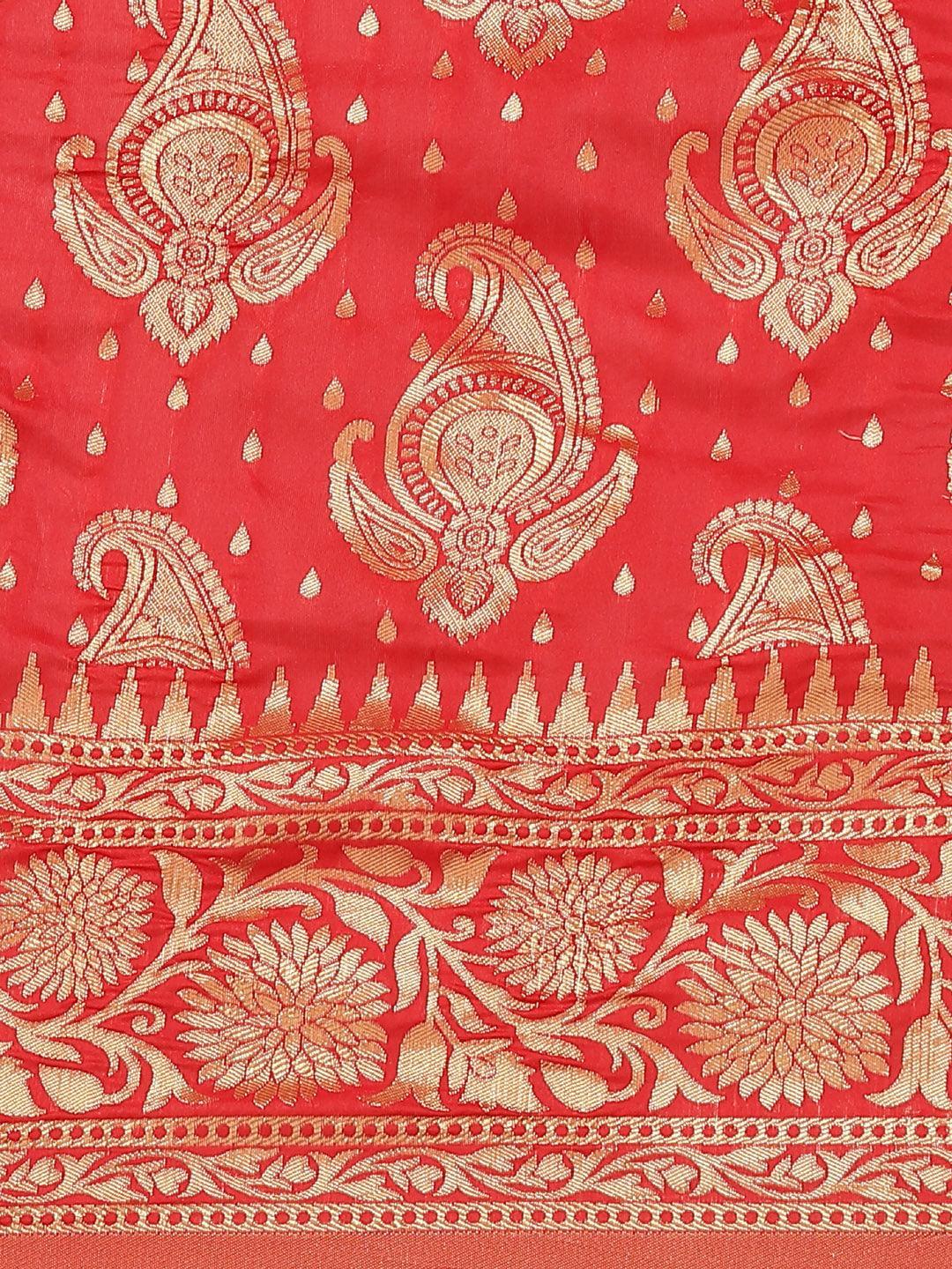 Red Woven Design Brocade Saree - ShopLibas