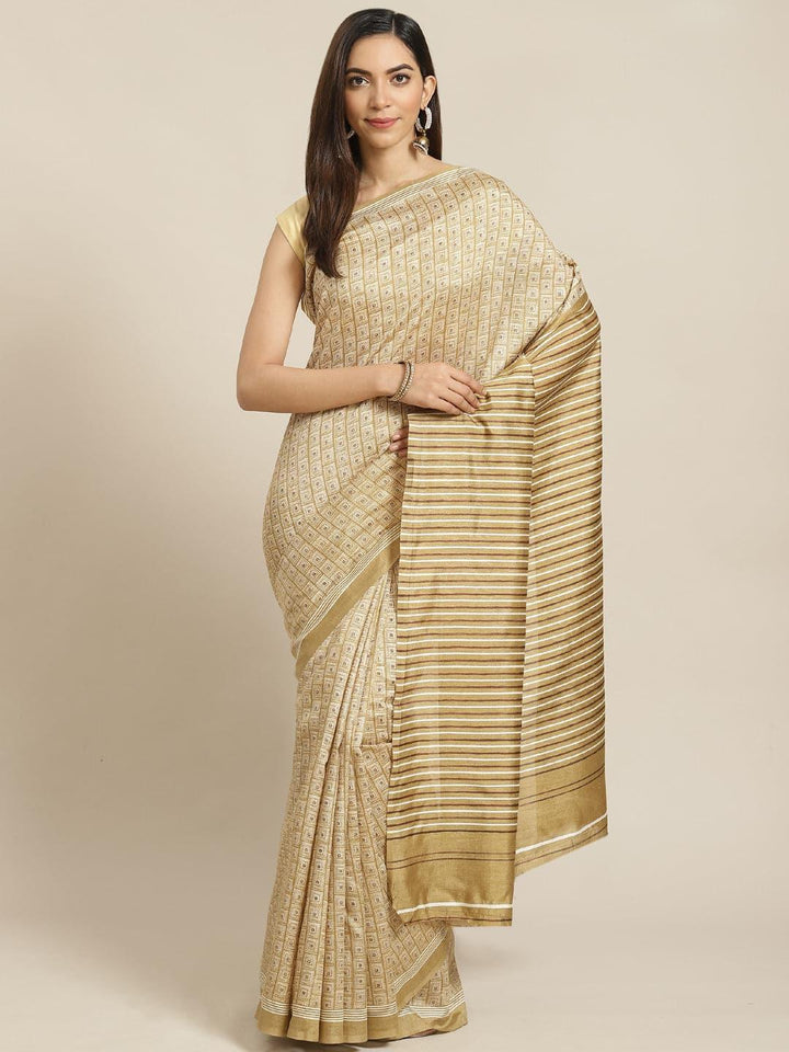 Beige Printed Cotton Silk Saree