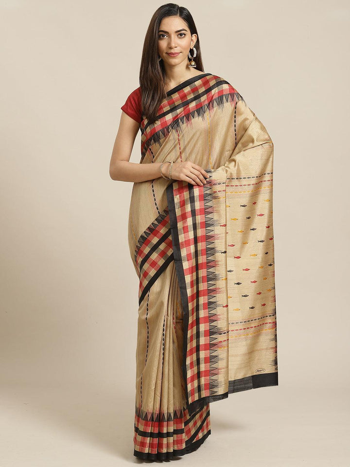 Beige Printed Cotton Silk Saree