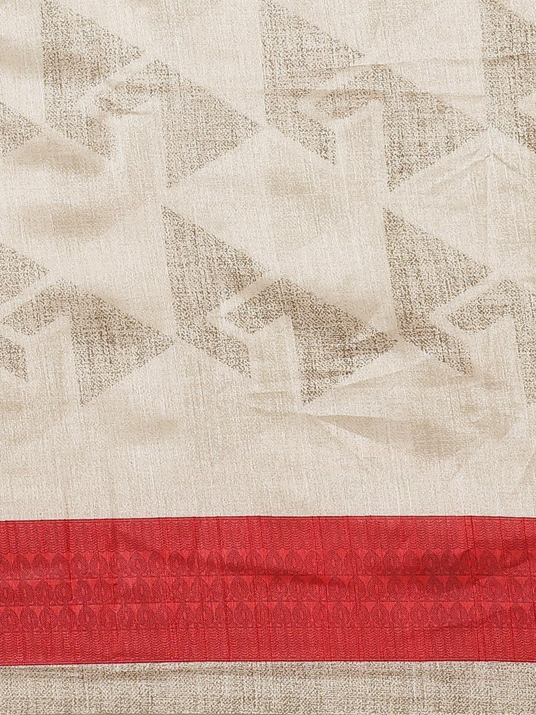 Beige Printed Cotton Silk Saree - ShopLibas