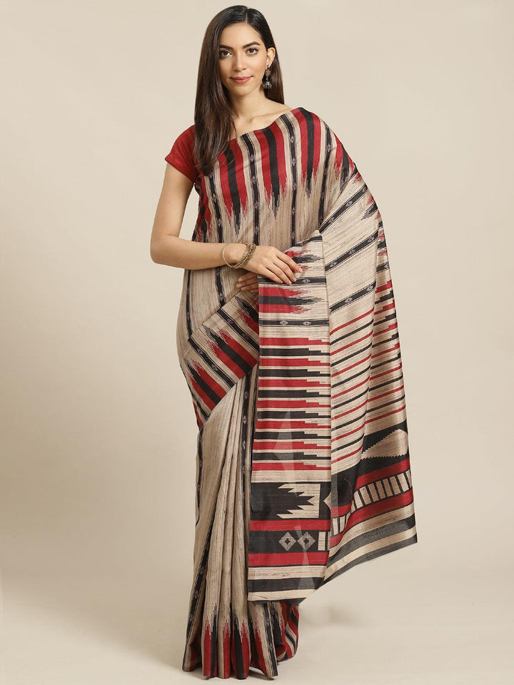 Beige Printed Cotton Silk Saree