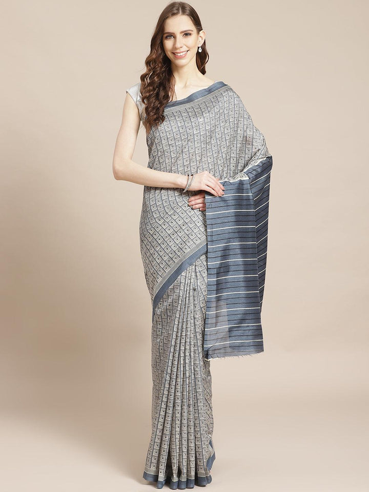 Grey Printed Cotton Silk Saree