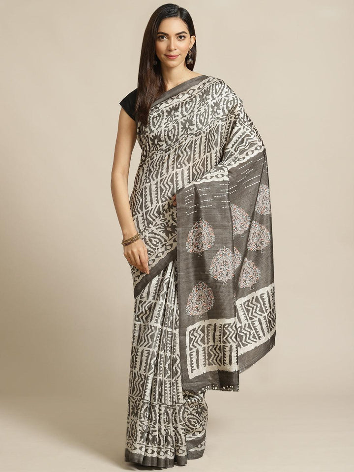 Grey Printed Cotton Silk Saree
