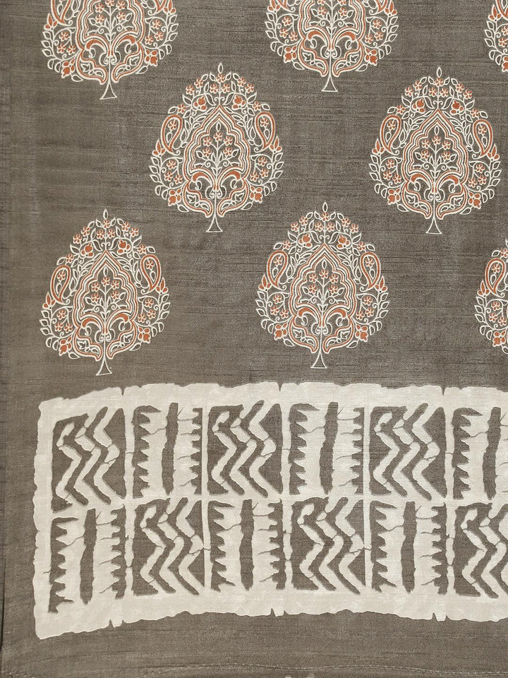 Grey Printed Cotton Silk Saree