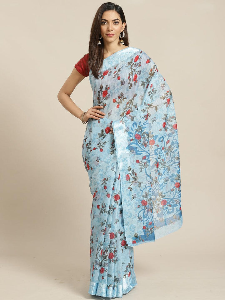 Blue Printed Satin Saree