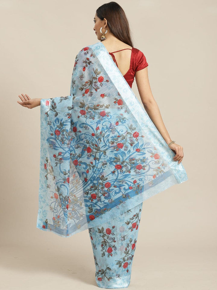 Blue Printed Satin Saree