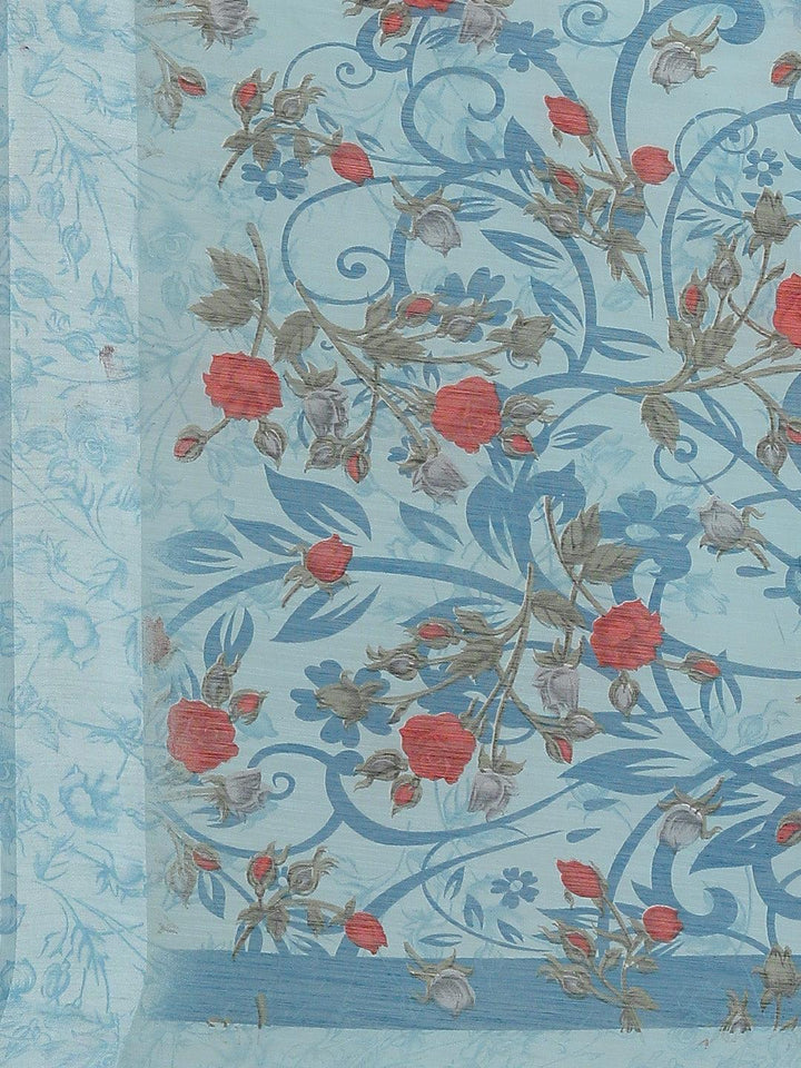 Blue Printed Satin Saree