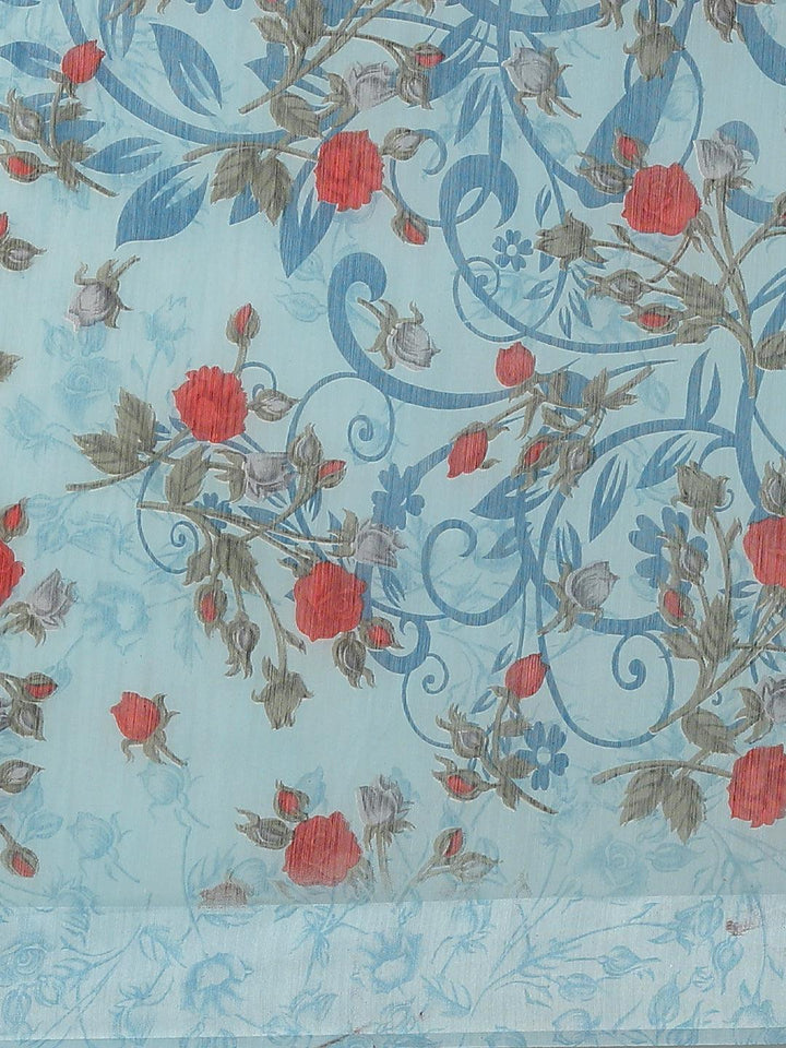 Blue Printed Satin Saree