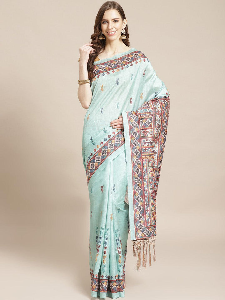 Blue Printed Satin Saree