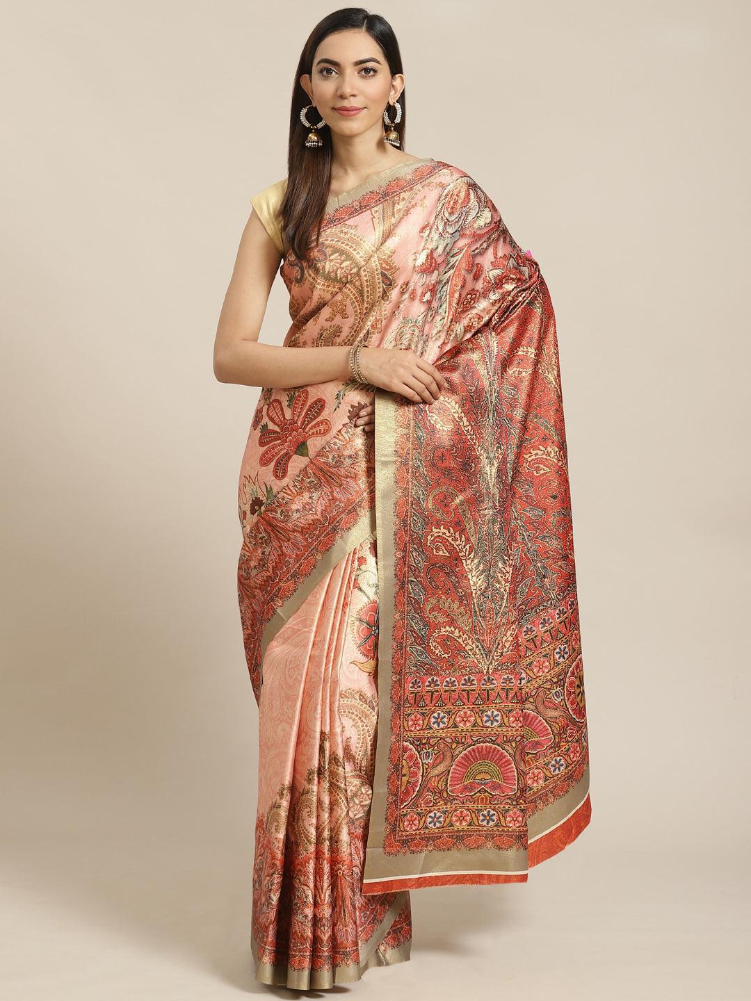 Peach Printed Satin Saree - ShopLibas
