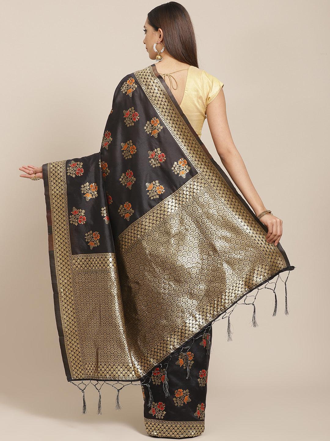 Black Woven Design Silk Blend Saree - ShopLibas