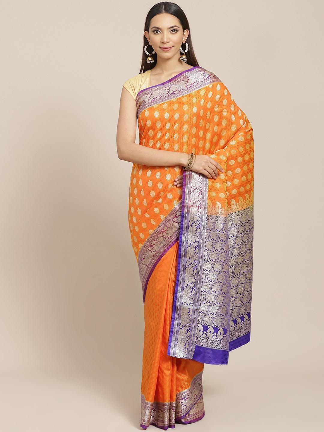 Orange Woven Design Brocade Saree - ShopLibas