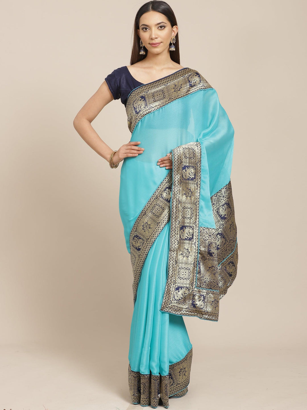Blue Solid Chiffon Saree - ShopLibas