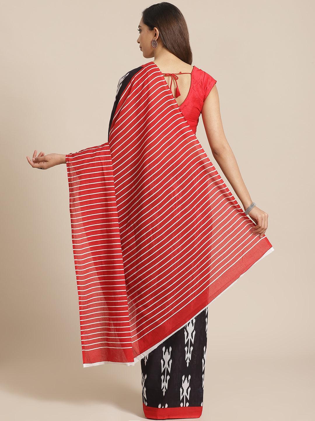 Black Printed Cotton Saree - ShopLibas