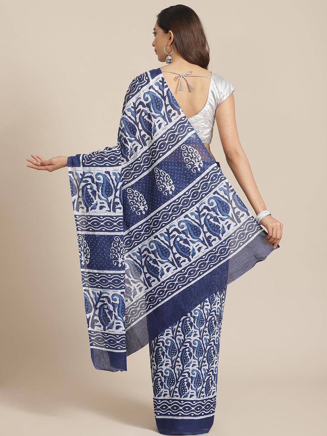 Blue Printed Cotton Saree - ShopLibas
