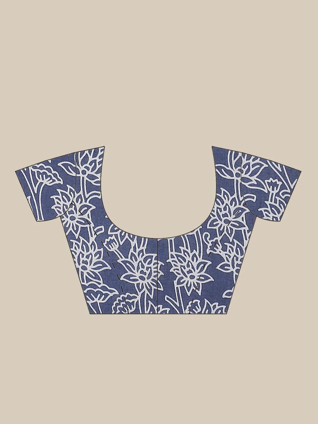 Blue Printed Cotton Saree - ShopLibas