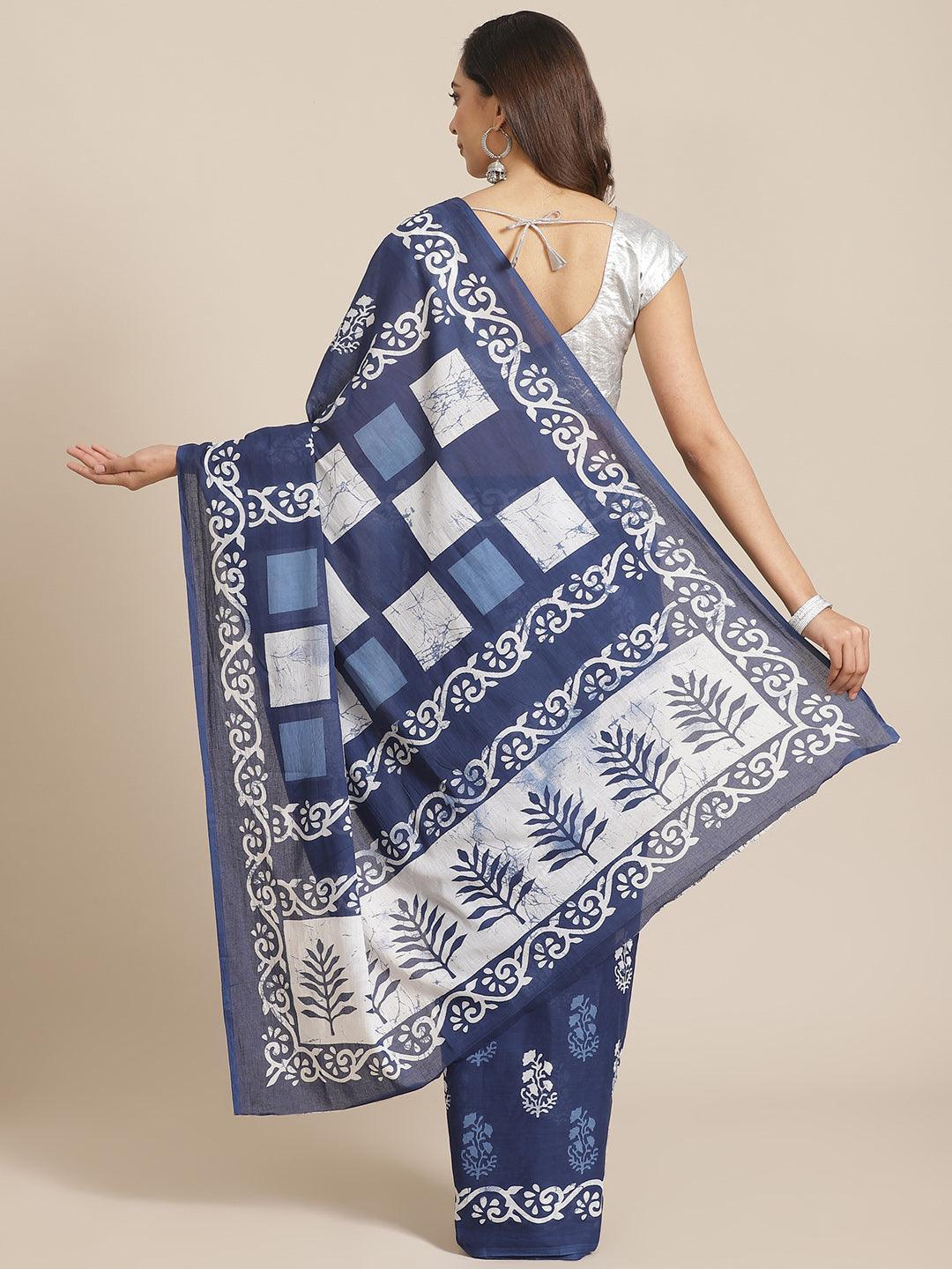Blue Printed Cotton Saree - ShopLibas