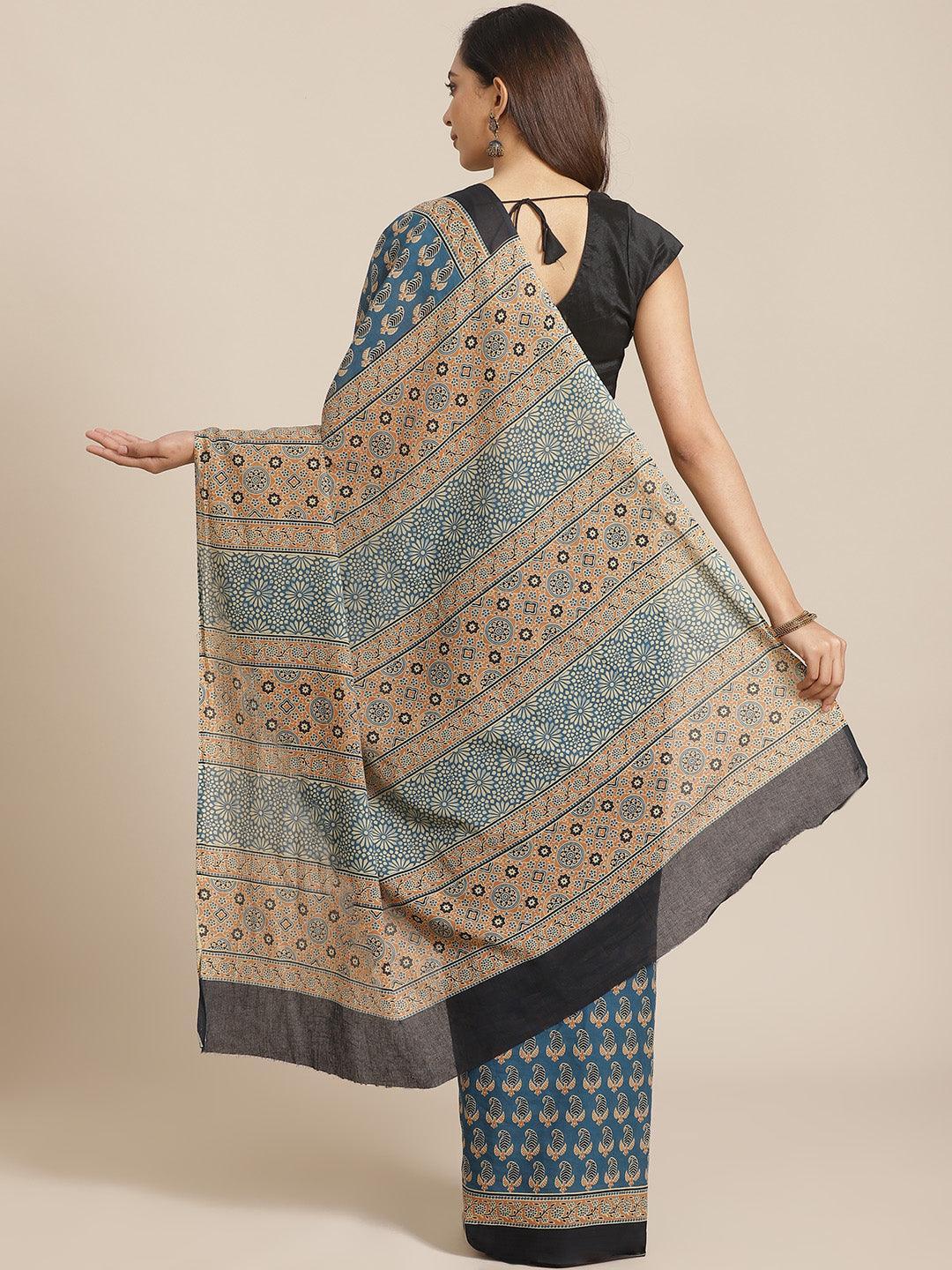 Blue Printed Cotton Saree - ShopLibas