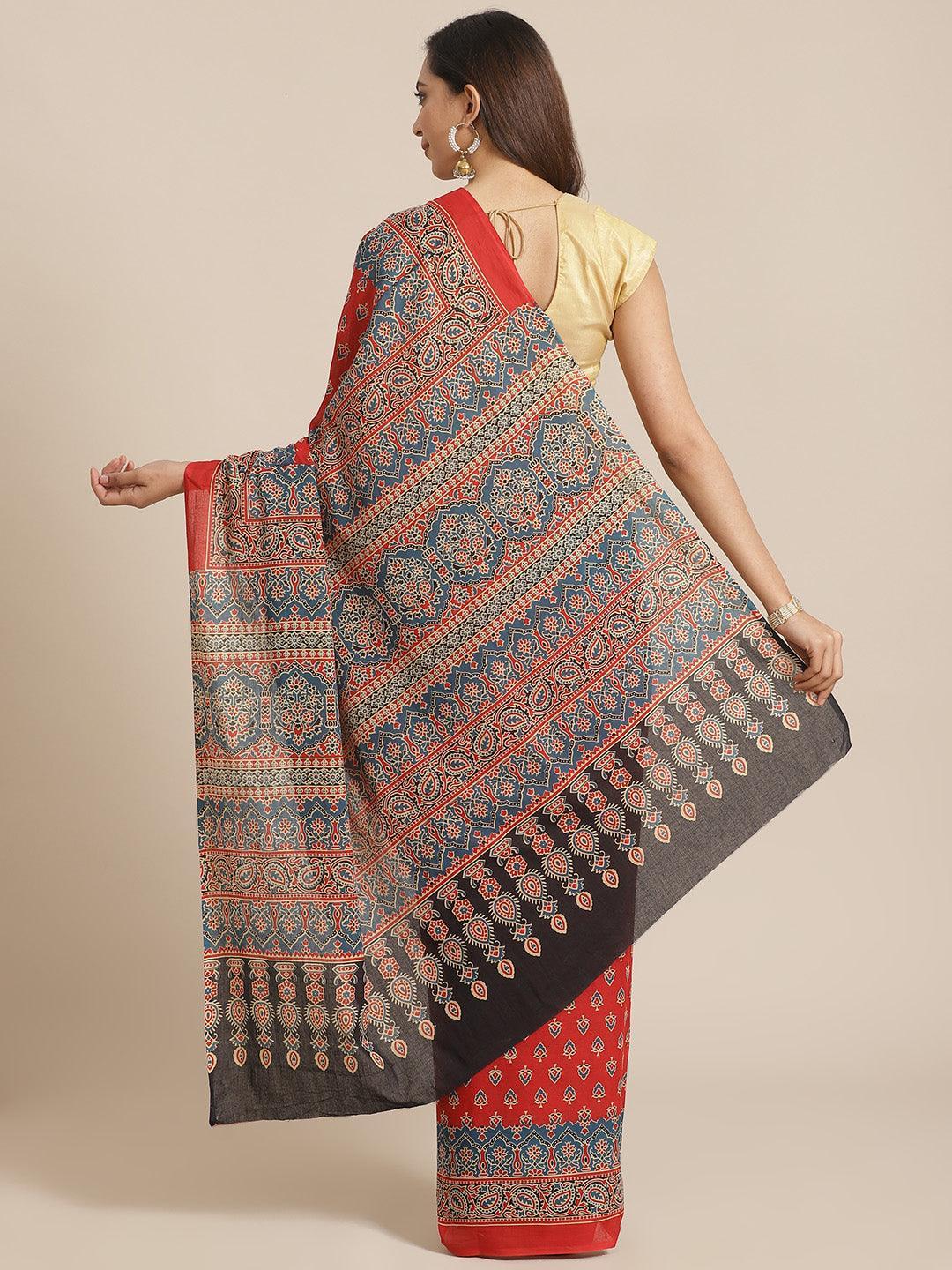 Red Printed Cotton Saree - ShopLibas