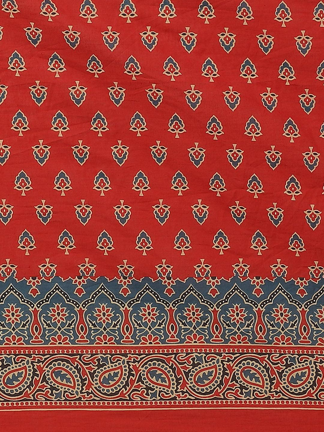 Red Printed Cotton Saree - ShopLibas