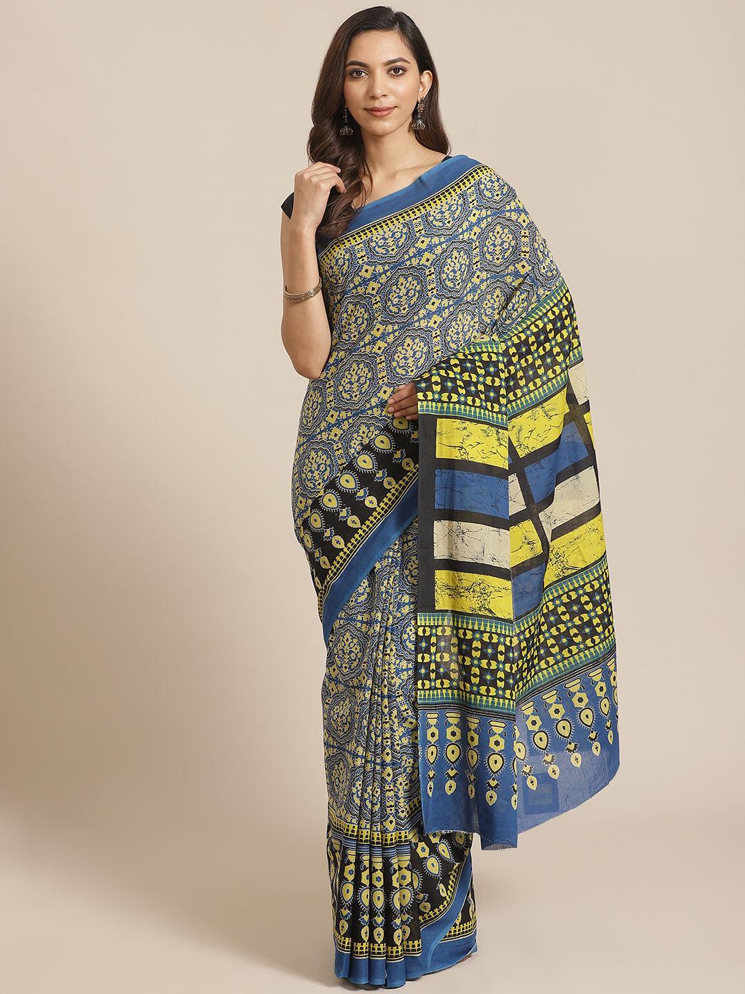 Blue Printed Cotton Saree - ShopLibas
