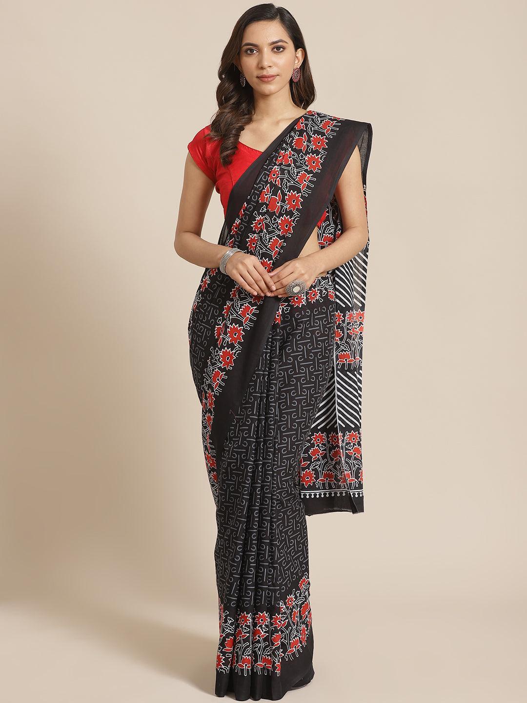 Black Printed Cotton Saree - ShopLibas