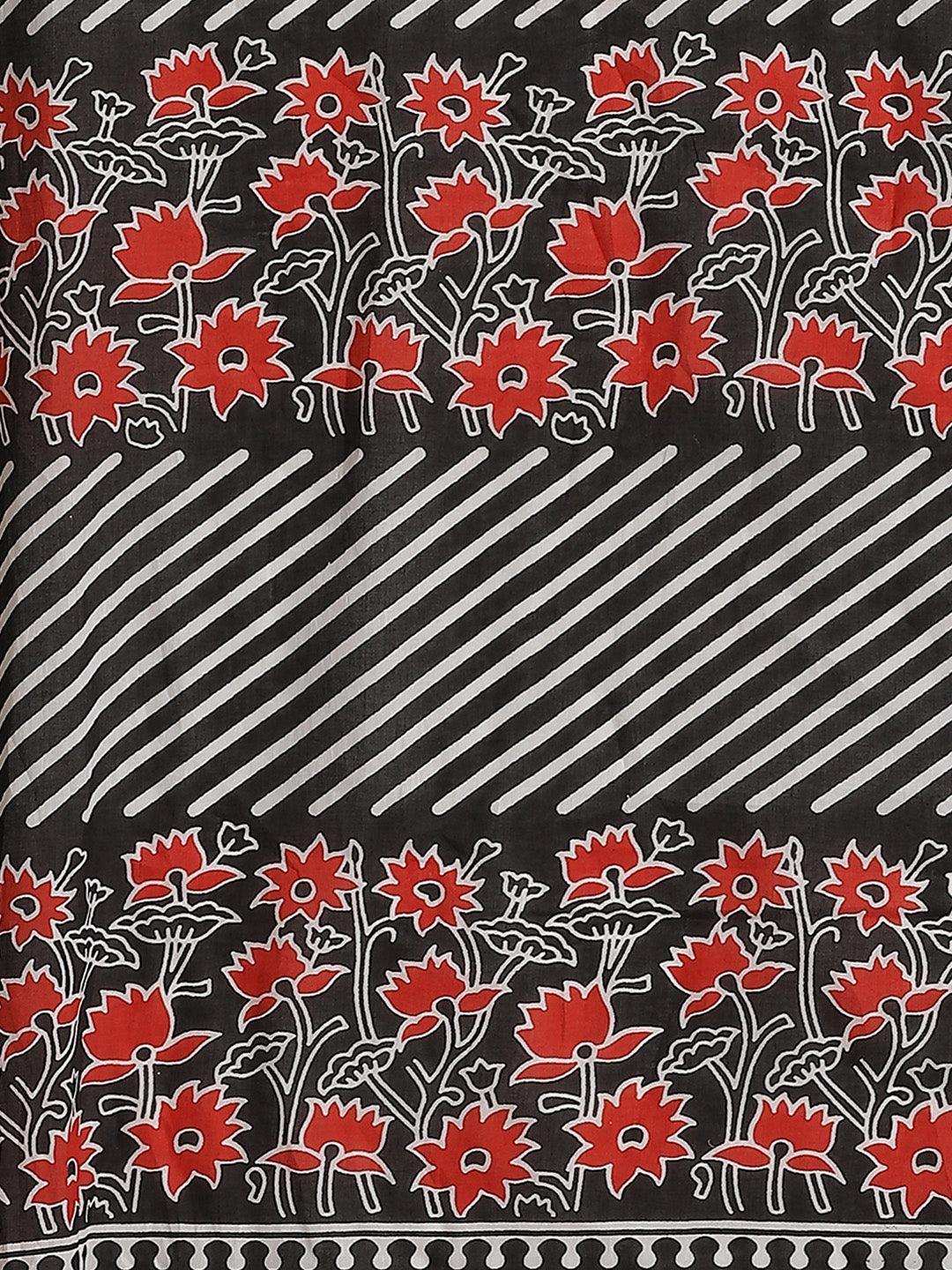 Black Printed Cotton Saree - ShopLibas