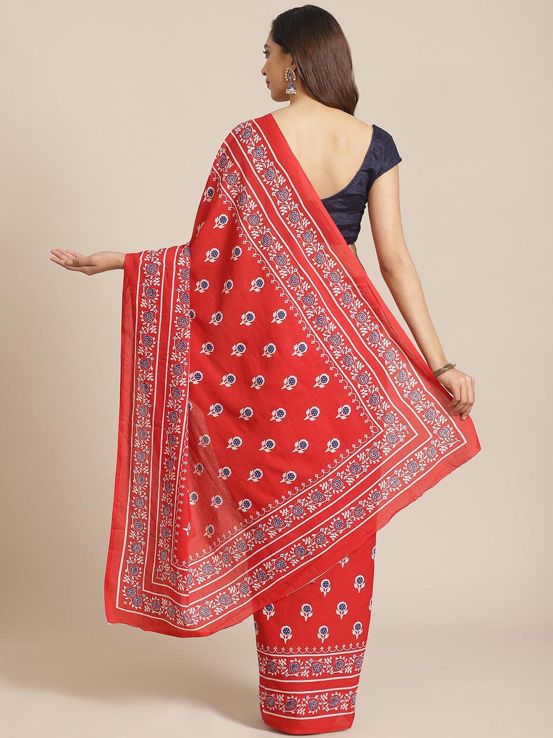 Red Printed Cotton Saree - ShopLibas