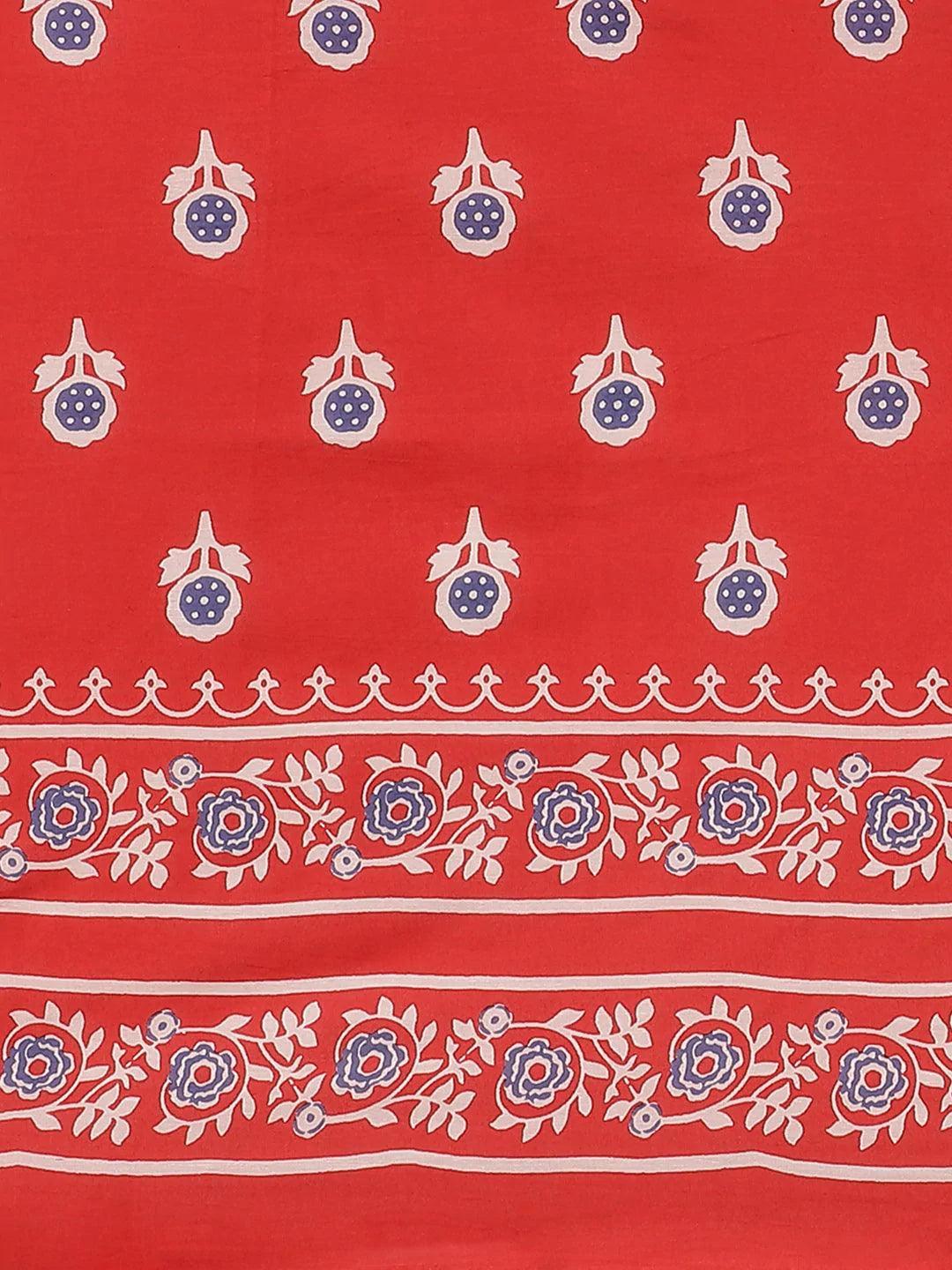 Red Printed Cotton Saree - ShopLibas