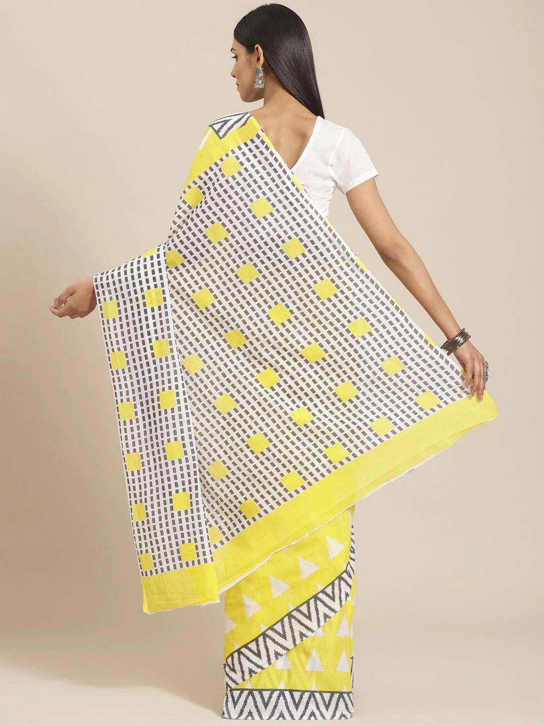 Yellow Printed Cotton Saree - ShopLibas