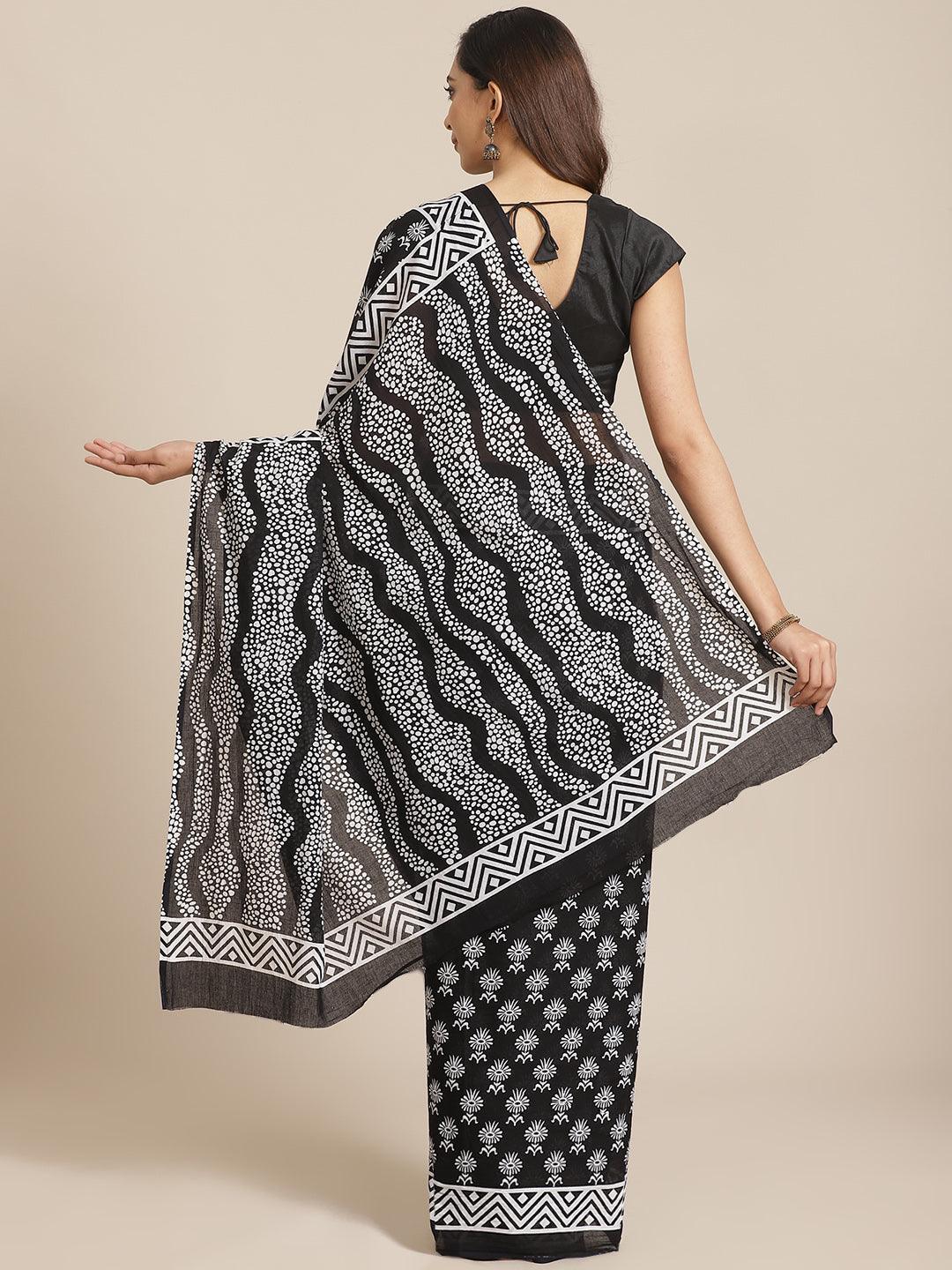 Black Printed Cotton Saree - ShopLibas