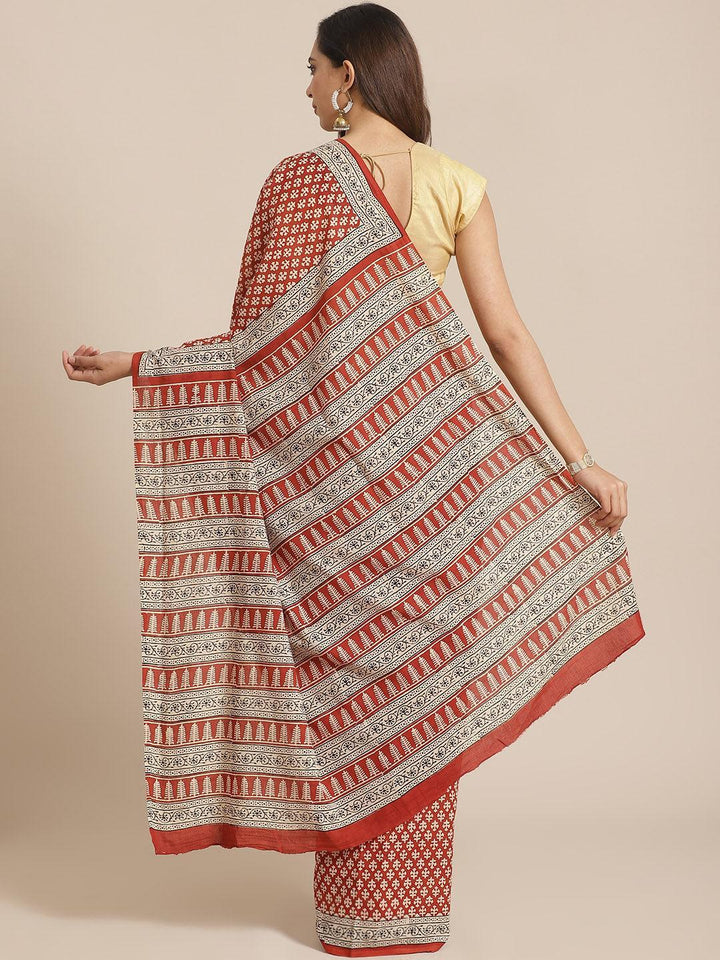 Rust Printed Cotton Saree