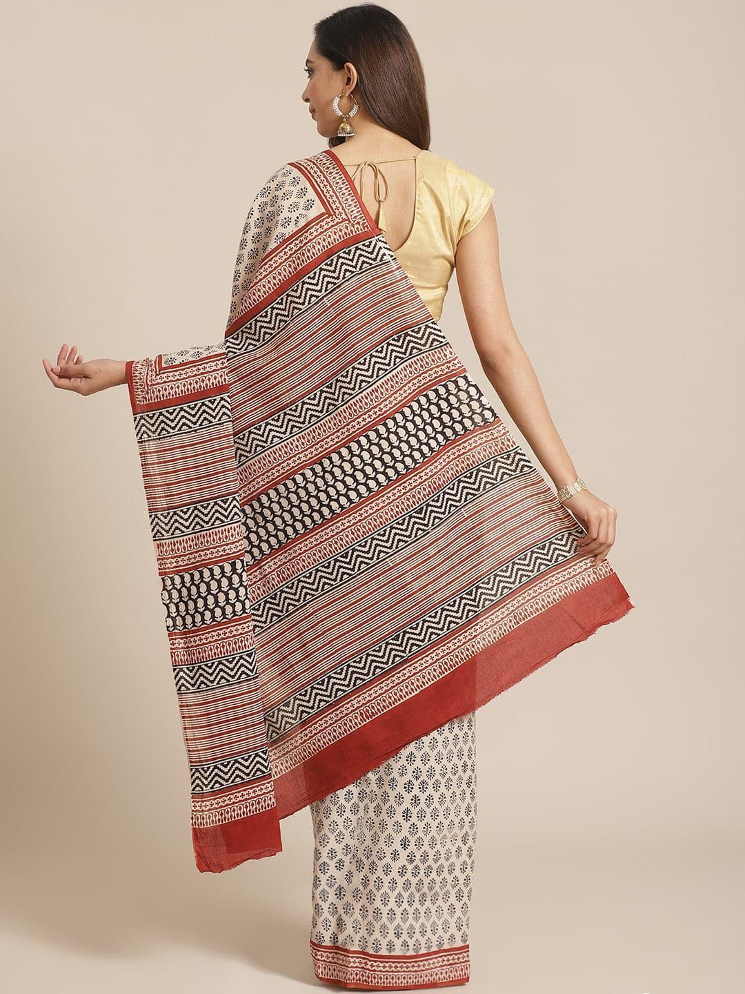 Beige Printed Cotton Saree - ShopLibas